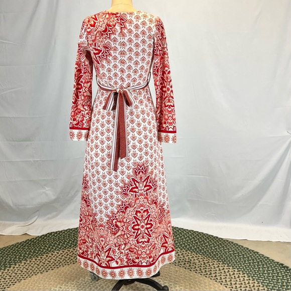 VINTAGE 60s bohemian long sleeve maxi dress red floral medallion belted waist - Picture 7 of 17